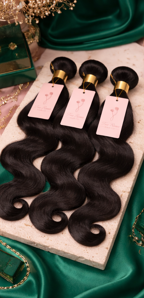 Luxury body wave hair bundles with soft, flowing texture
Natural black body wave human hair bundles by Two Roses Hair Co.
Premium body wave virgin hair bundles with full, silky volume