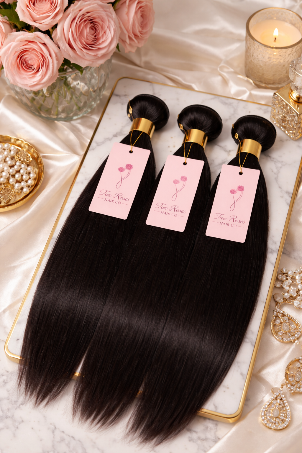 Natural black straight hair bundles — Two Roses Hair Co.
Premium straight virgin hair bundles with full weft construction